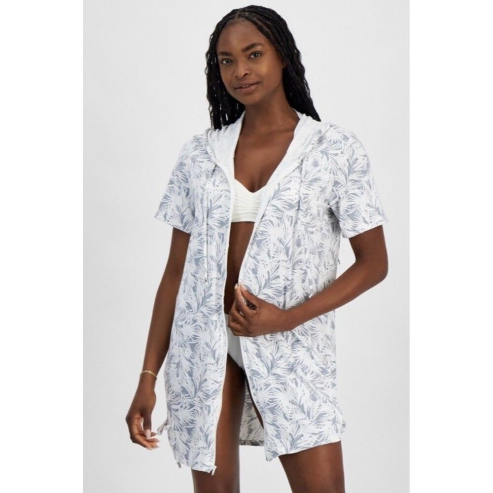 J. Valdi Women’s Swim Gray and White Tropical Zip Up Cover Up Size M NWT $58